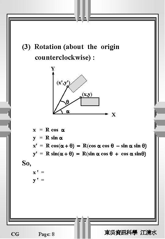(3) Rotation (about the origin counterclockwise) : Y (x', y') (x, y) q a