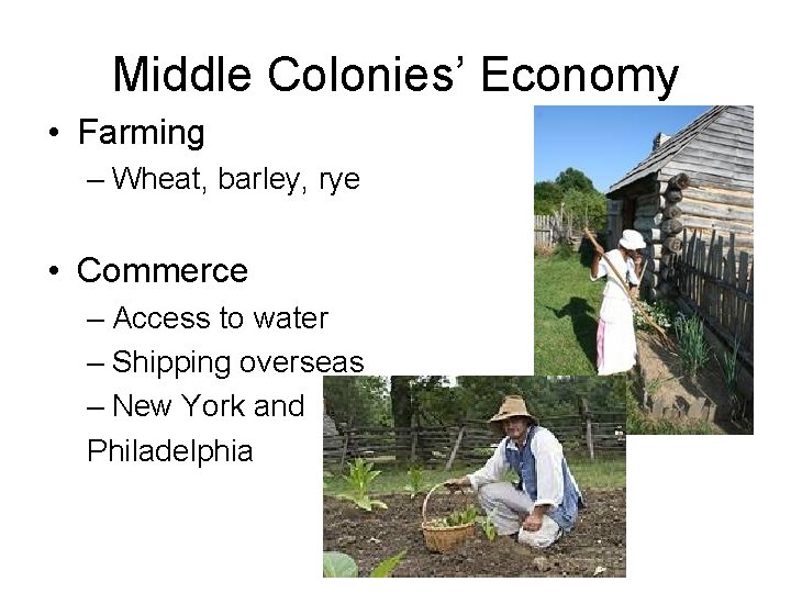 Middle Colonies’ Economy • Farming – Wheat, barley, rye • Commerce – Access to