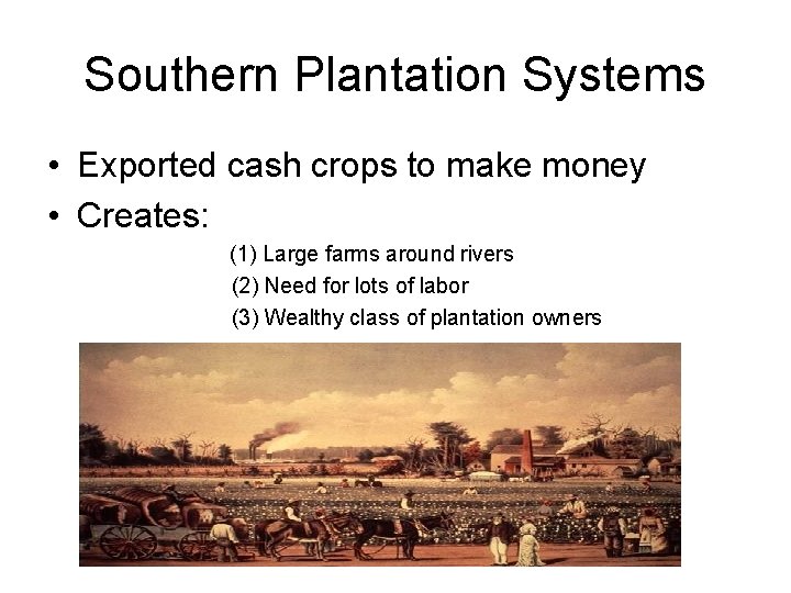 Southern Plantation Systems • Exported cash crops to make money • Creates: (1) Large