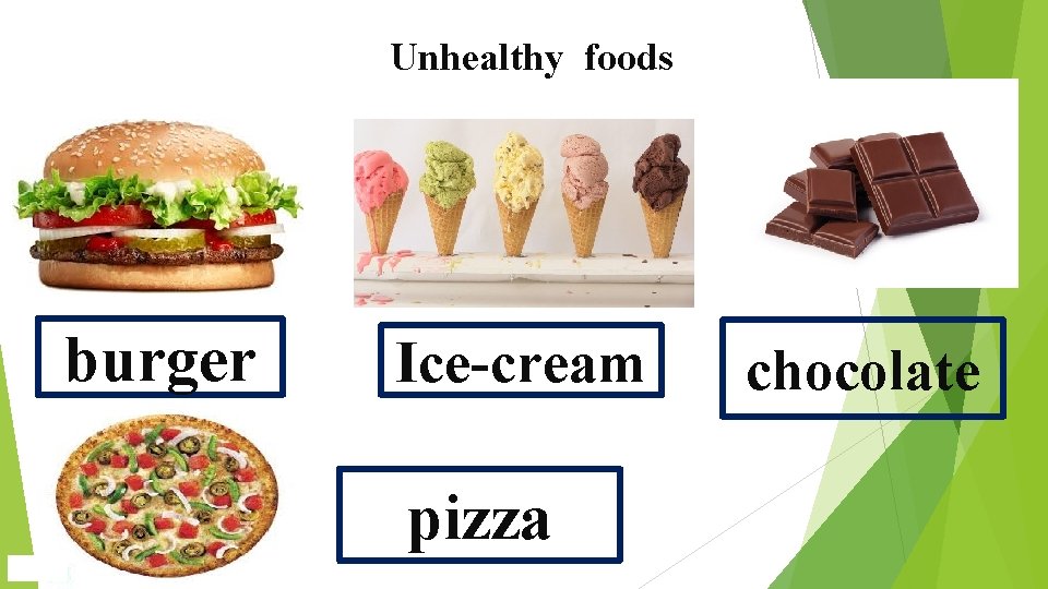 Unhealthy foods burger Ice-cream pizza chocolate 