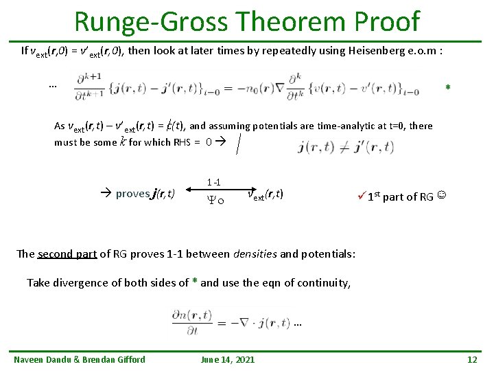 Runge-Gross Theorem Proof If vext(r, 0) = v’ext(r, 0), then look at later times