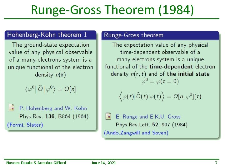 Runge-Gross Theorem (1984) Naveen Dandu & Brendan Gifford June 14, 2021 7 