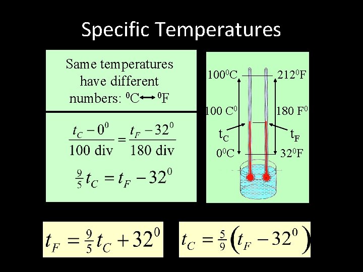 Specific Temperatures Same temperatures have different numbers: 0 C 0 F 1000 C 2120