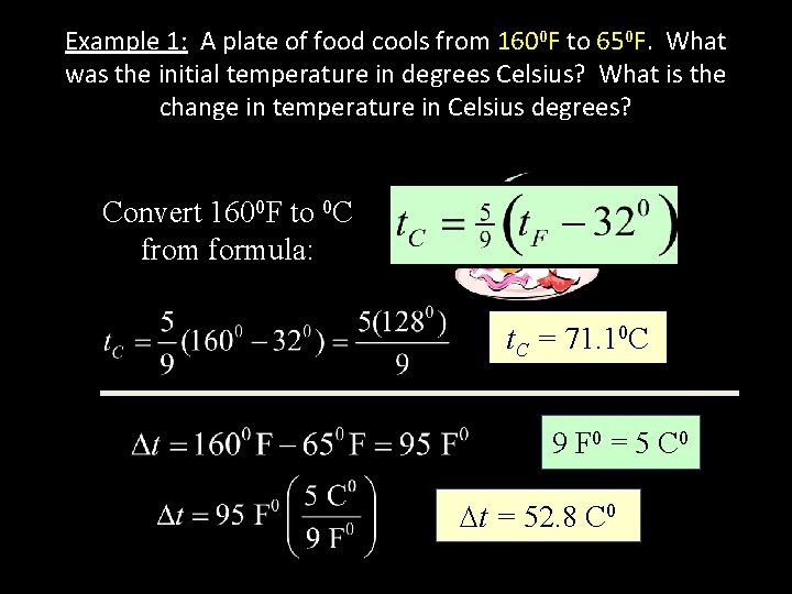 Example 1: A plate of food cools from 1600 F to 650 F. What