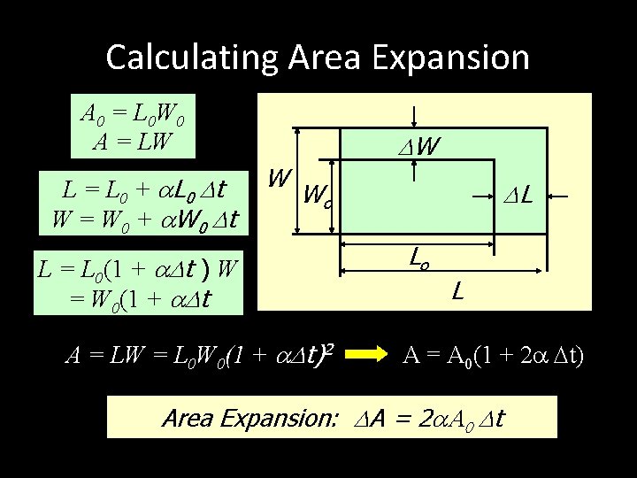Calculating Area Expansion A 0 = L 0 W 0 A = LW L