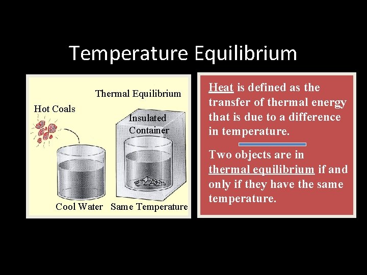 Temperature Equilibrium Thermal Equilibrium Hot Coals Insulated Container Cool Water Same Temperature Heat is