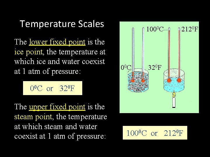 Temperature Scales The lower fixed point is the ice point, the temperature at which