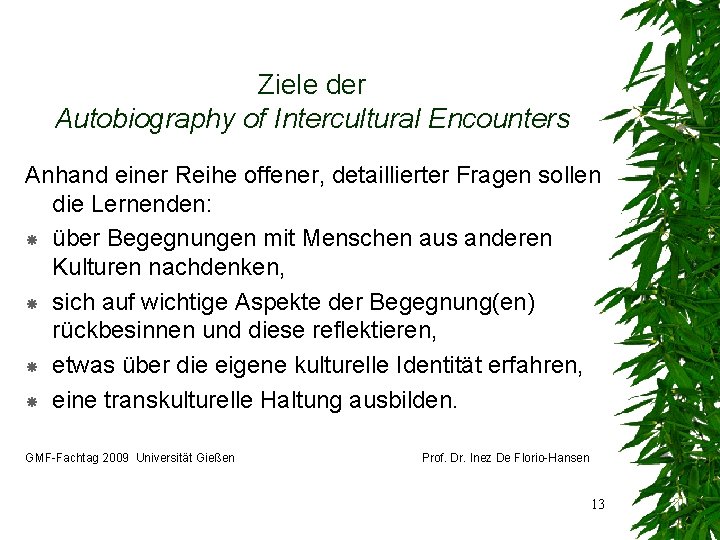 Ziele der Autobiography of Intercultural Encounters Anhand einer Reihe offener, detaillierter Fragen sollen die