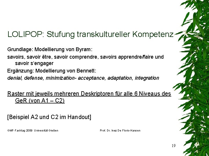 LOLIPOP: Stufung transkultureller Kompetenz Grundlage: Modellierung von Byram: savoirs, savoir être, savoir comprendre, savoirs