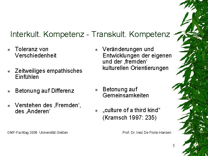 Interkult. Kompetenz - Transkult. Kompetenz Toleranz von Verschiedenheit Veränderungen und Entwicklungen der eigenen und