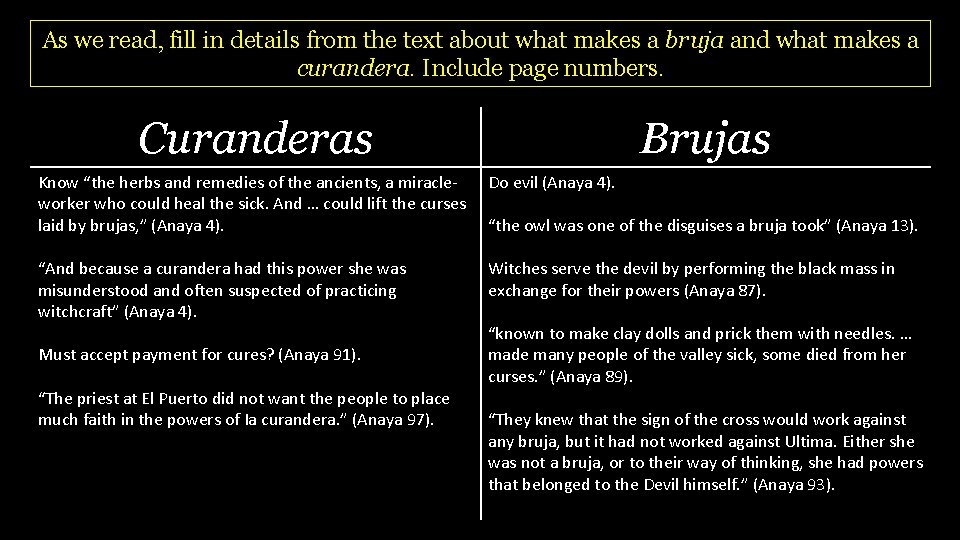 As we read, fill in details from the text about what makes a bruja