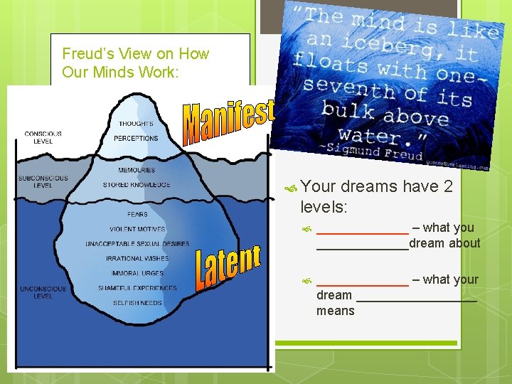 Freud’s View on How Our Minds Work: Your dreams have 2 levels: _______ –