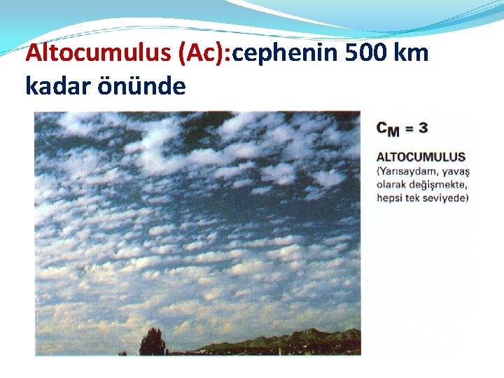 Altocumulus (Ac): cephenin 500 km kadar önünde 