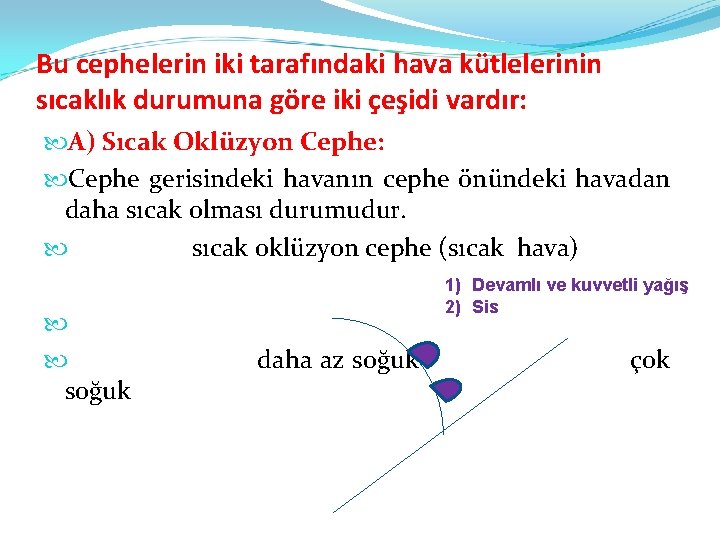 Bu cephelerin iki tarafındaki hava kütlelerinin sıcaklık durumuna göre iki çeşidi vardır: A) Sıcak