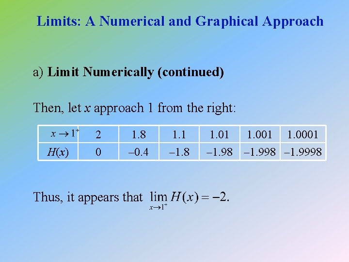 Limits: A Numerical and Graphical Approach a) Limit Numerically (continued) Then, let x approach