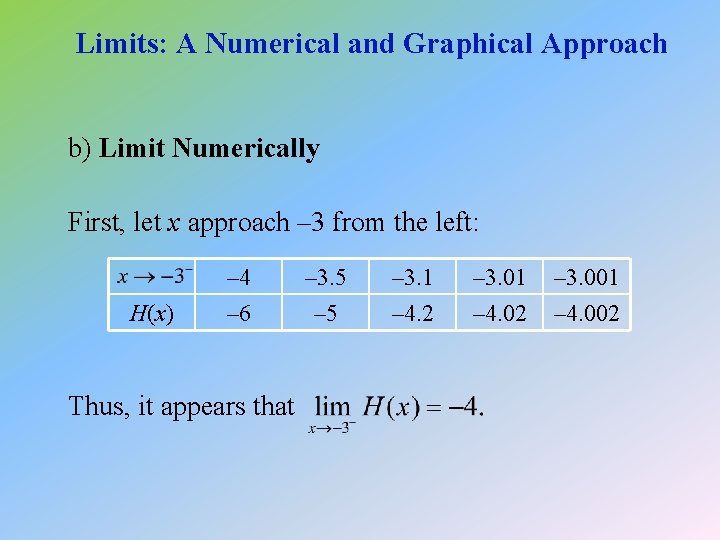 Limits: A Numerical and Graphical Approach b) Limit Numerically First, let x approach –