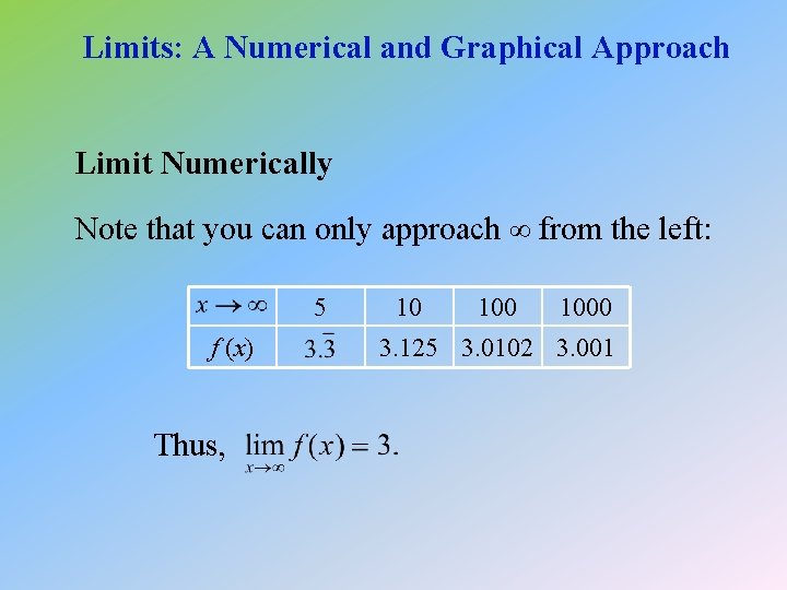 Limits: A Numerical and Graphical Approach Limit Numerically Note that you can only approach