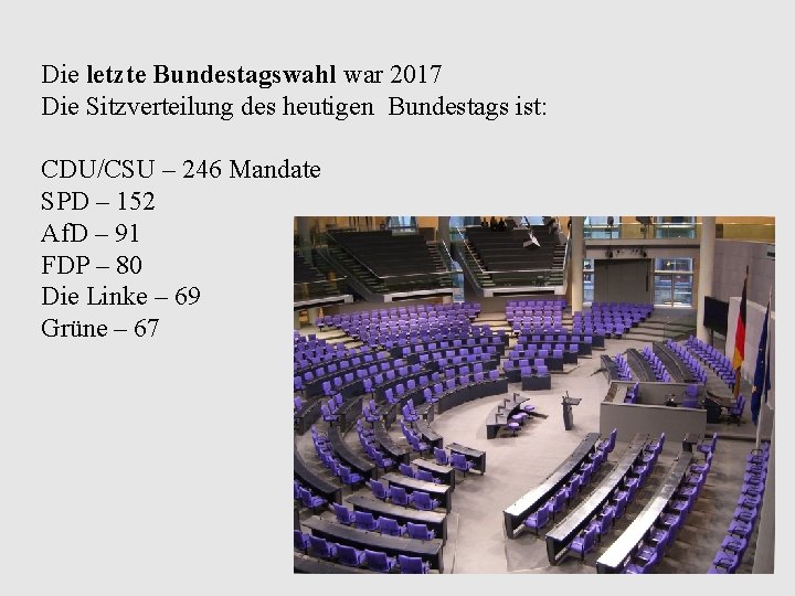 Die letzte Bundestagswahl war 2017 Die Sitzverteilung des heutigen Bundestags ist: CDU/CSU – 246