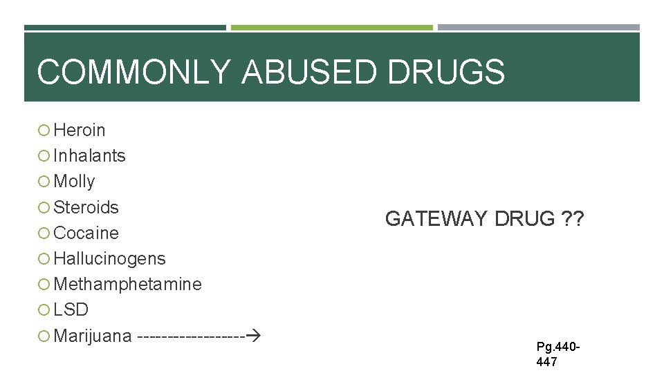 COMMONLY ABUSED DRUGS Heroin Inhalants Molly Steroids Cocaine GATEWAY DRUG ? ? Hallucinogens Methamphetamine