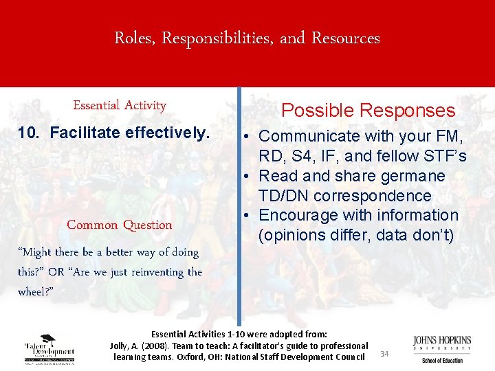 Roles, Responsibilities, and Resources Essential Activity 10. Facilitate effectively. Common Question Possible Responses •