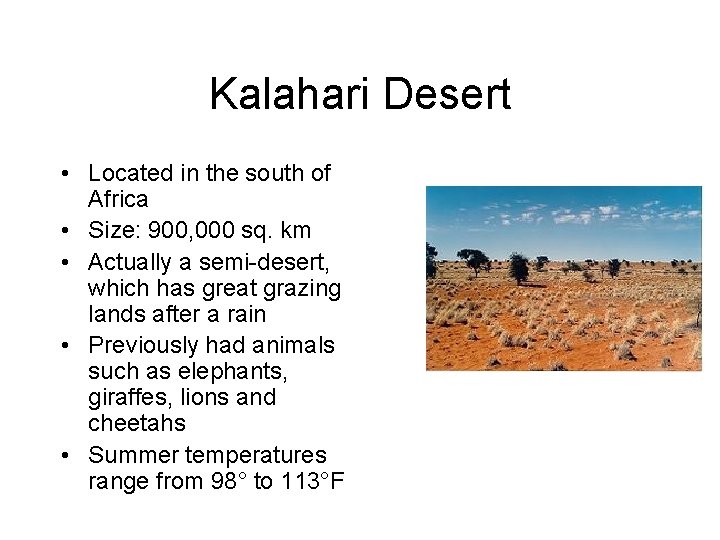 Kalahari Desert • Located in the south of Africa • Size: 900, 000 sq.