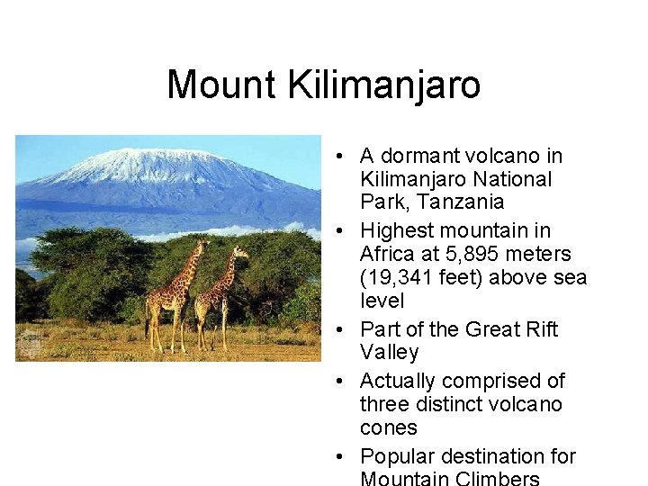 Mount Kilimanjaro • A dormant volcano in Kilimanjaro National Park, Tanzania • Highest mountain