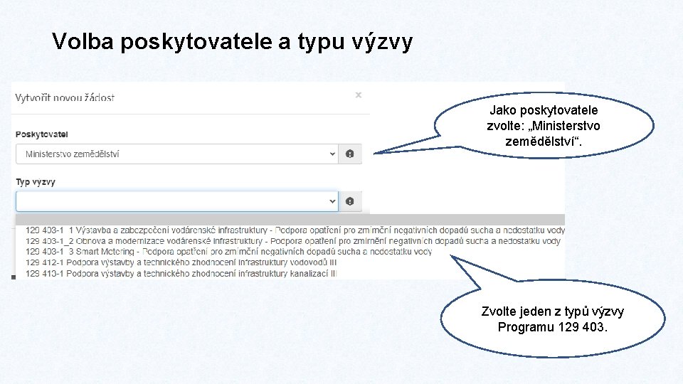 Volba poskytovatele a typu výzvy Jako poskytovatele zvolte: „Ministerstvo zemědělství“. Zvolte jeden z typů