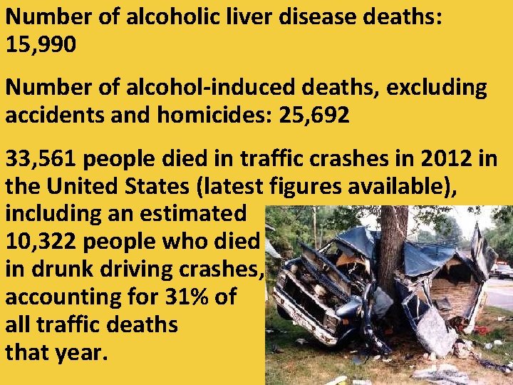 Number of alcoholic liver disease deaths: 15, 990 Number of alcohol-induced deaths, excluding accidents