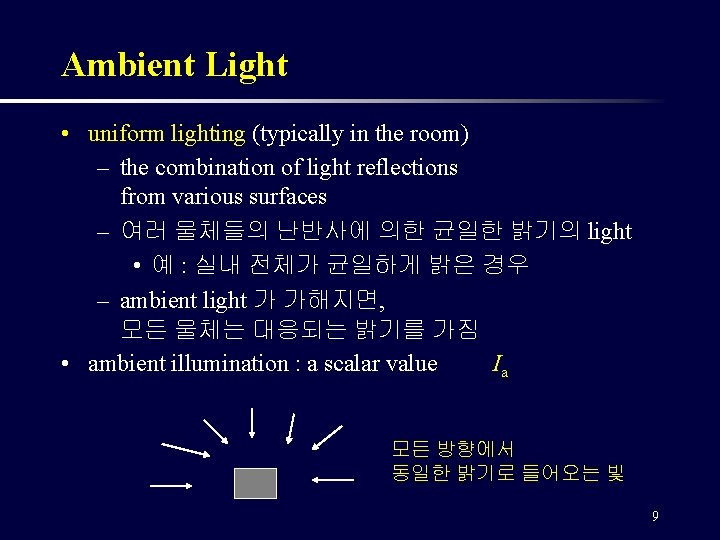 Ambient Light • uniform lighting (typically in the room) – the combination of light