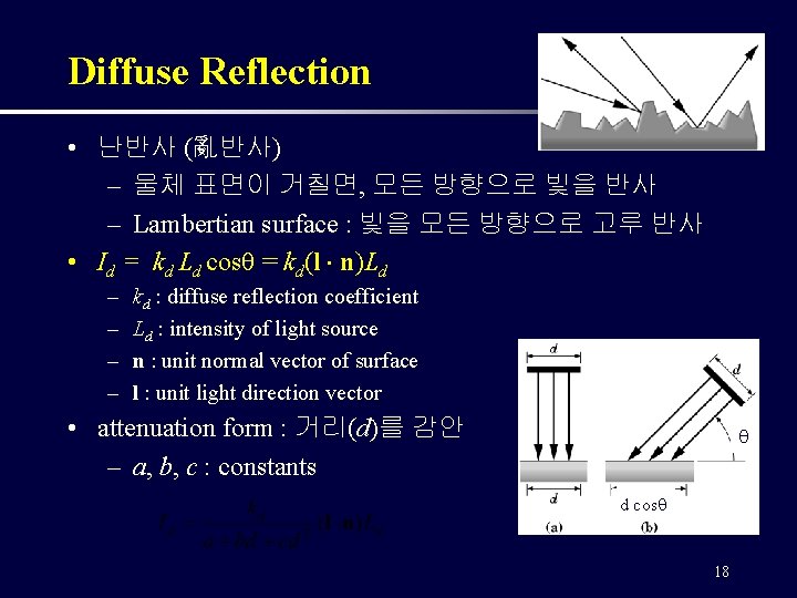 Diffuse Reflection • 난반사 (亂반사) – 물체 표면이 거칠면, 모든 방향으로 빛을 반사 –