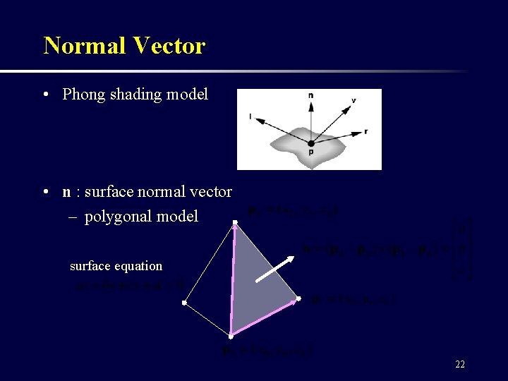 Normal Vector • Phong shading model • n : surface normal vector – polygonal