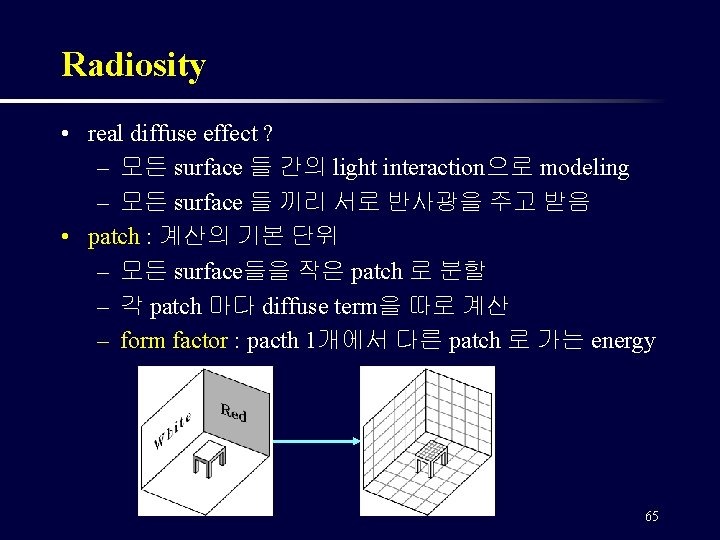 Radiosity • real diffuse effect ? – 모든 surface 들 간의 light interaction으로 modeling