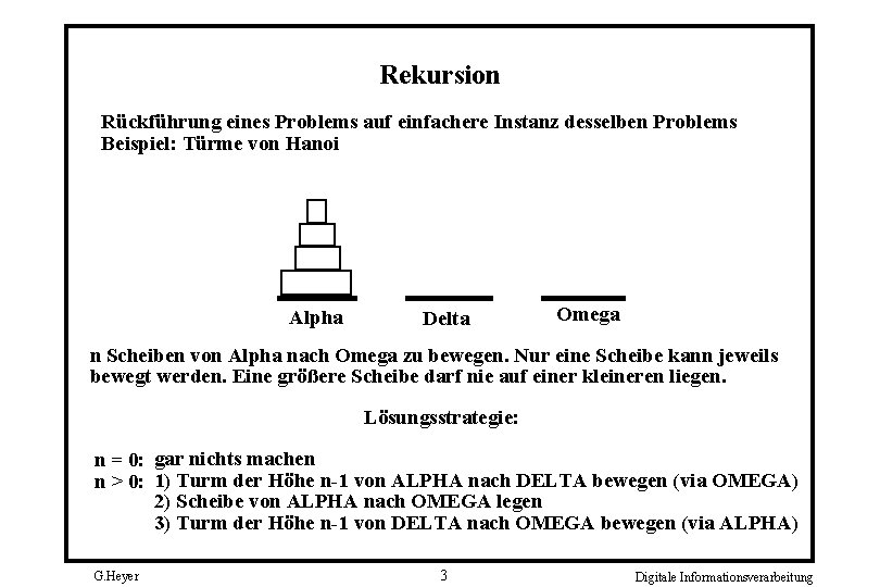 Rekursion Rückführung eines Problems auf einfachere Instanz desselben Problems Beispiel: Türme von Hanoi Alpha
