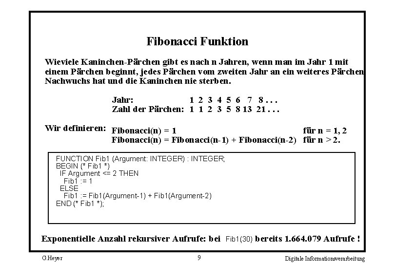 Fibonacci Funktion Wieviele Kaninchen-Pärchen gibt es nach n Jahren, wenn man im Jahr 1