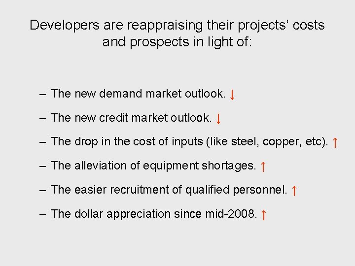 Developers are reappraising their projects’ costs and prospects in light of: – The new