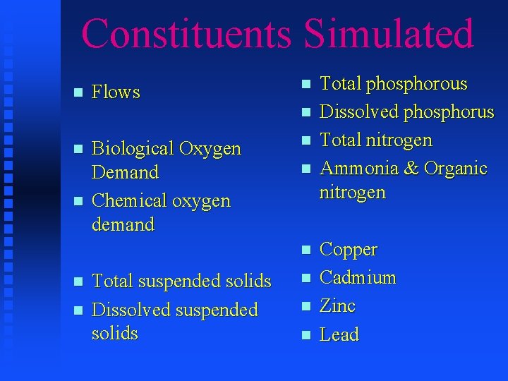 Constituents Simulated n Flows n n Biological Oxygen Demand Chemical oxygen demand n n