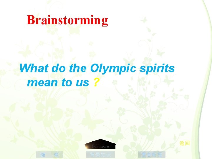 Brainstorming What do the Olympic spirits mean to us ? 返回 For more 随