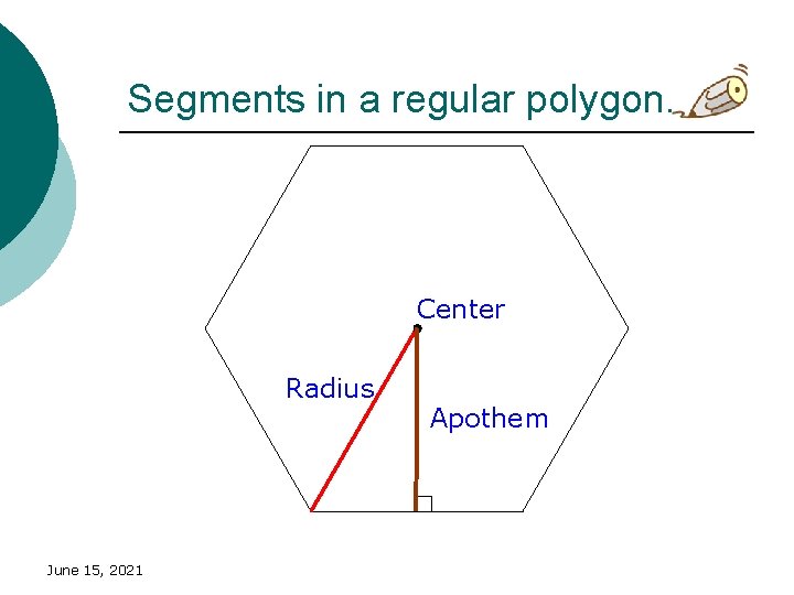 Segments in a regular polygon. Center Radius June 15, 2021 Apothem 