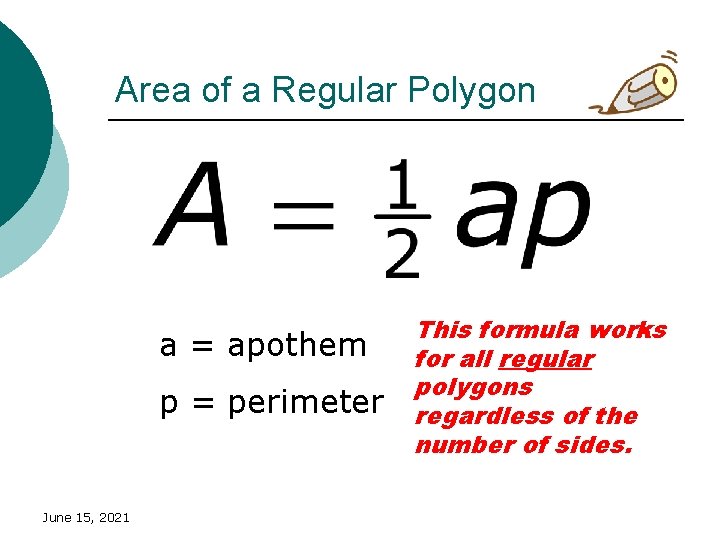 Area of a Regular Polygon a = apothem p = perimeter June 15, 2021