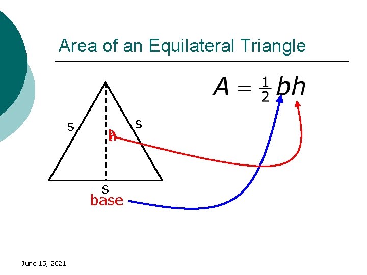 Area of an Equilateral Triangle s h ? s base June 15, 2021 s