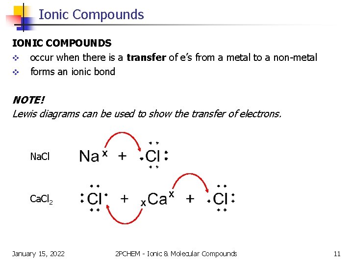 Ionic Compounds IONIC COMPOUNDS v occur when there is a transfer of e’s from