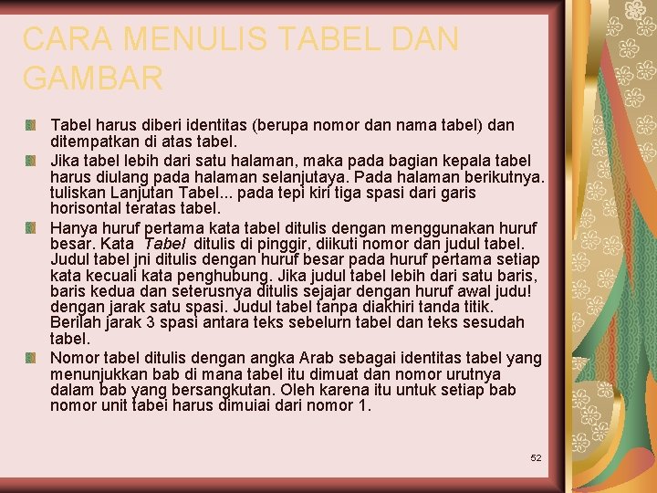 CARA MENULIS TABEL DAN GAMBAR Tabel harus diberi identitas (berupa nomor dan nama tabel)