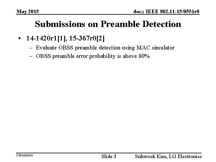 May 2015 doc. : IEEE 802. 11 -15/0551 r 0 Submissions on Preamble Detection
