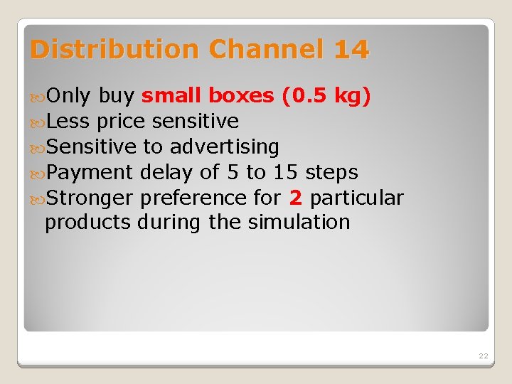 Distribution Channel 14 Only buy small boxes (0. 5 kg) Less price sensitive Sensitive