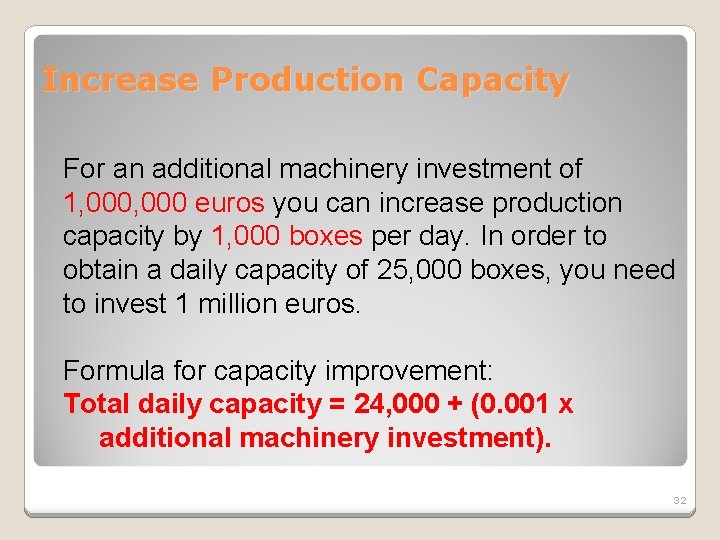 Increase Production Capacity For an additional machinery investment of 1, 000 euros you can