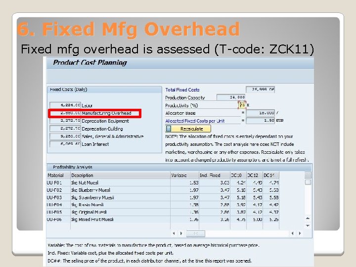 6. Fixed Mfg Overhead Fixed mfg overhead is assessed (T-code: ZCK 11) 