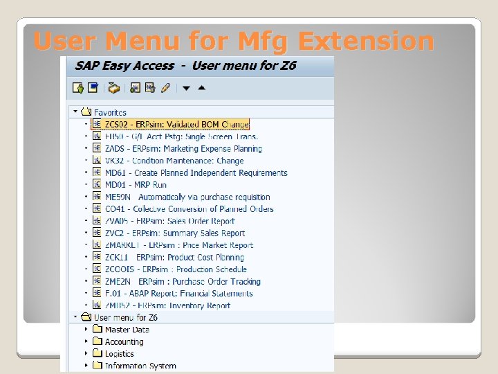 User Menu for Mfg Extension 