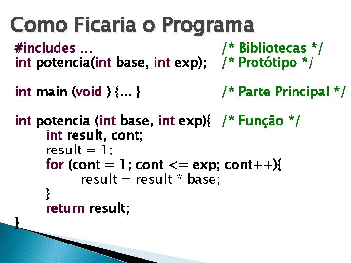 Como Ficaria o Programa #includes. . . int potencia(int base, int exp); /* Bibliotecas