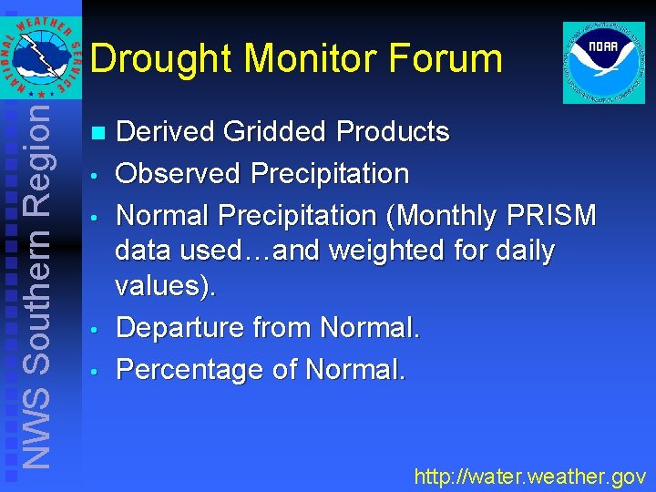 NWS Southern Region Drought Monitor Forum n • • Derived Gridded Products Observed Precipitation NWS Southern Region Drought Monitor Forum n • • Derived Gridded Products Observed Precipitation