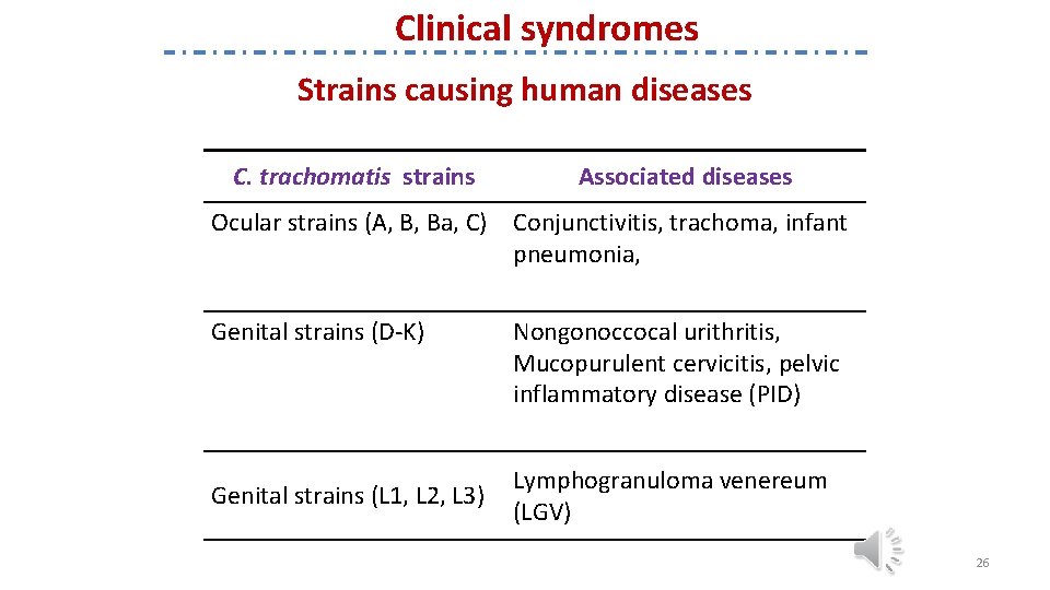 Clinical syndromes Strains causing human diseases C. trachomatis strains Associated diseases Ocular strains (A,